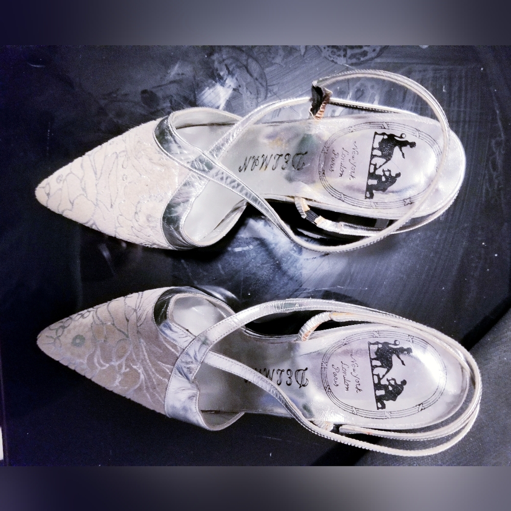 Delman Silver Kid, Elegant Silver and Cream Women's Heels Size 6